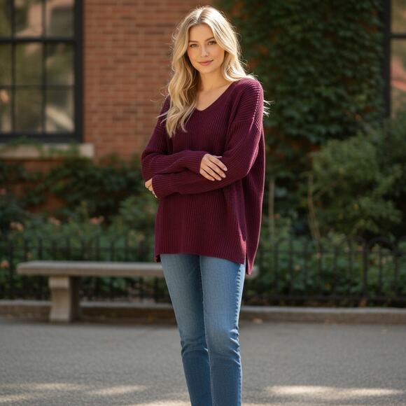 Autumn Cashmere Sweater S Burgundy VNeck Tunic 100% Cashmere Ribbed quietluxury - Picture 1 of 5